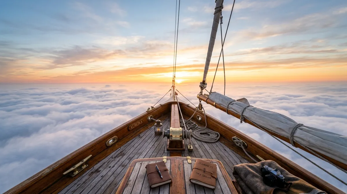 Wooden sailboat deck above a sea of sunset clouds with a travel journal and camera